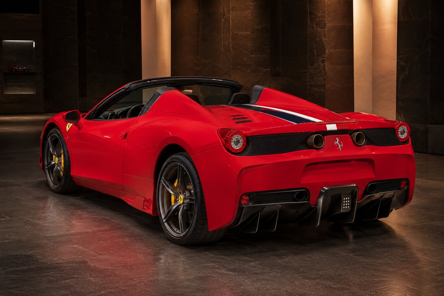 Ferrari 458 Speciale A rear three-quarter view