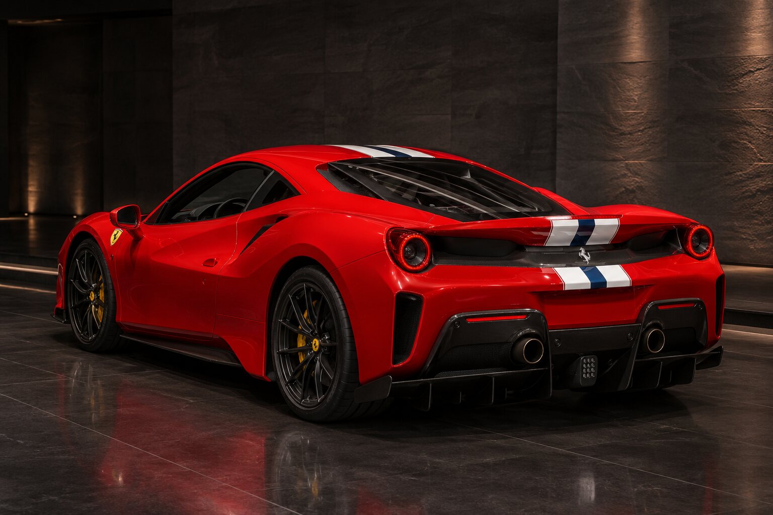 Ferrari 488 Pista rear three-quarter view